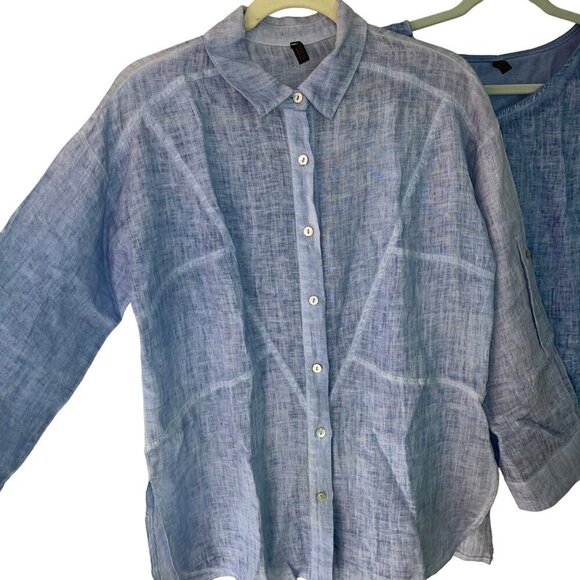 Inizio Womens Shirt Tank Set Size Small Blue Side Slits Button Down Pure Linen - Picture 8 of 8